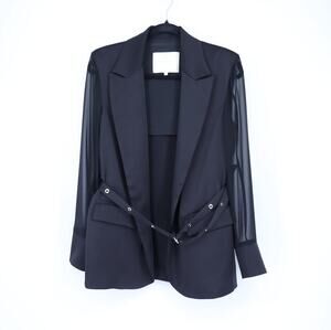 Eureka Babylon Black Satin Belted Blazer Sheer Mesh Long Sleeve Women's 42/US 6